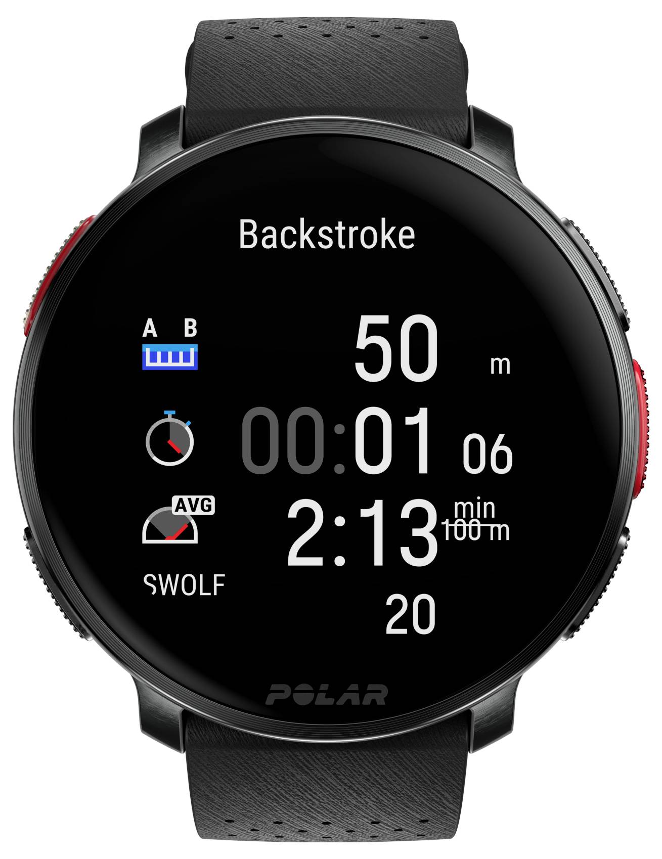 'Polar' Smartwatch zeigt Schwimmmetriken für Rückenschwimmen: 50 Meter Distanz, 1 Minute, 6 Sekunden Dauer, durchschnittlicher SWOLF von 20.