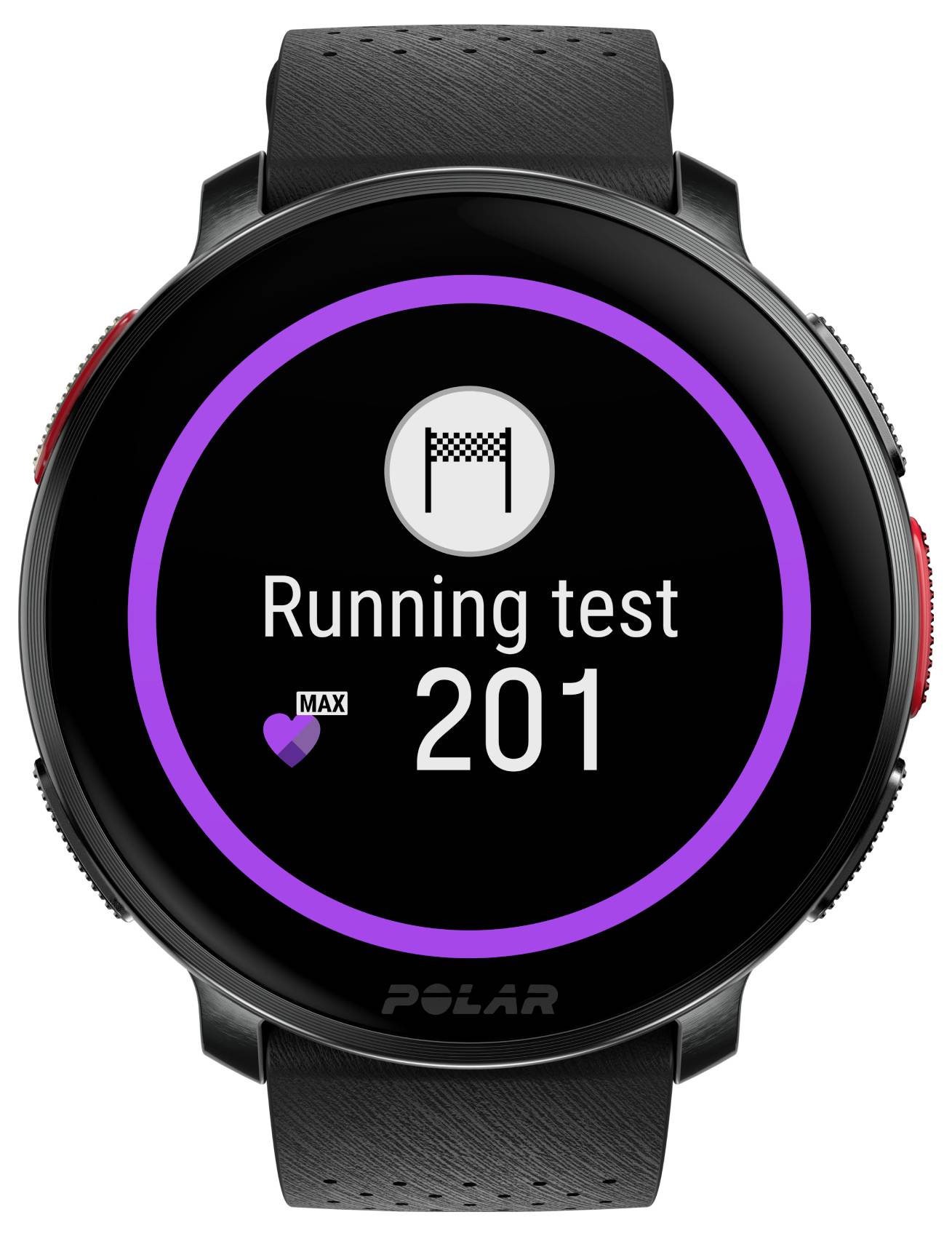 Smartwatch zeigt 'Lauftest' mit einer Punktzahl von '201' und einem Zielflaggen-Symbol, der einen abgeschlossenen Fitnesstest anzeigt.