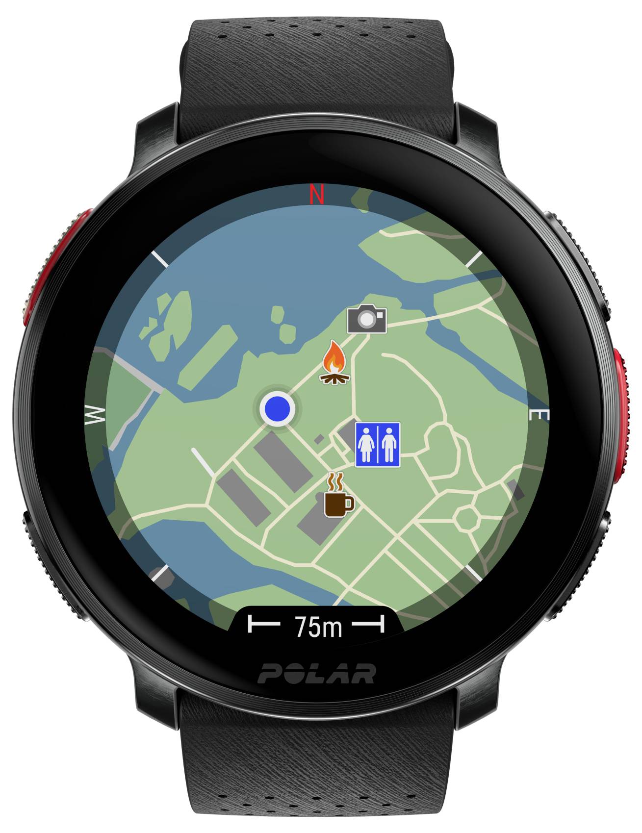 Eine Smartwatch, die eine digitale Karte mit einem blauen Standortpunkt, Cafe-, Toiletten- und Lagerfeuer-Symbolen anzeigt, mit der Entfernung 