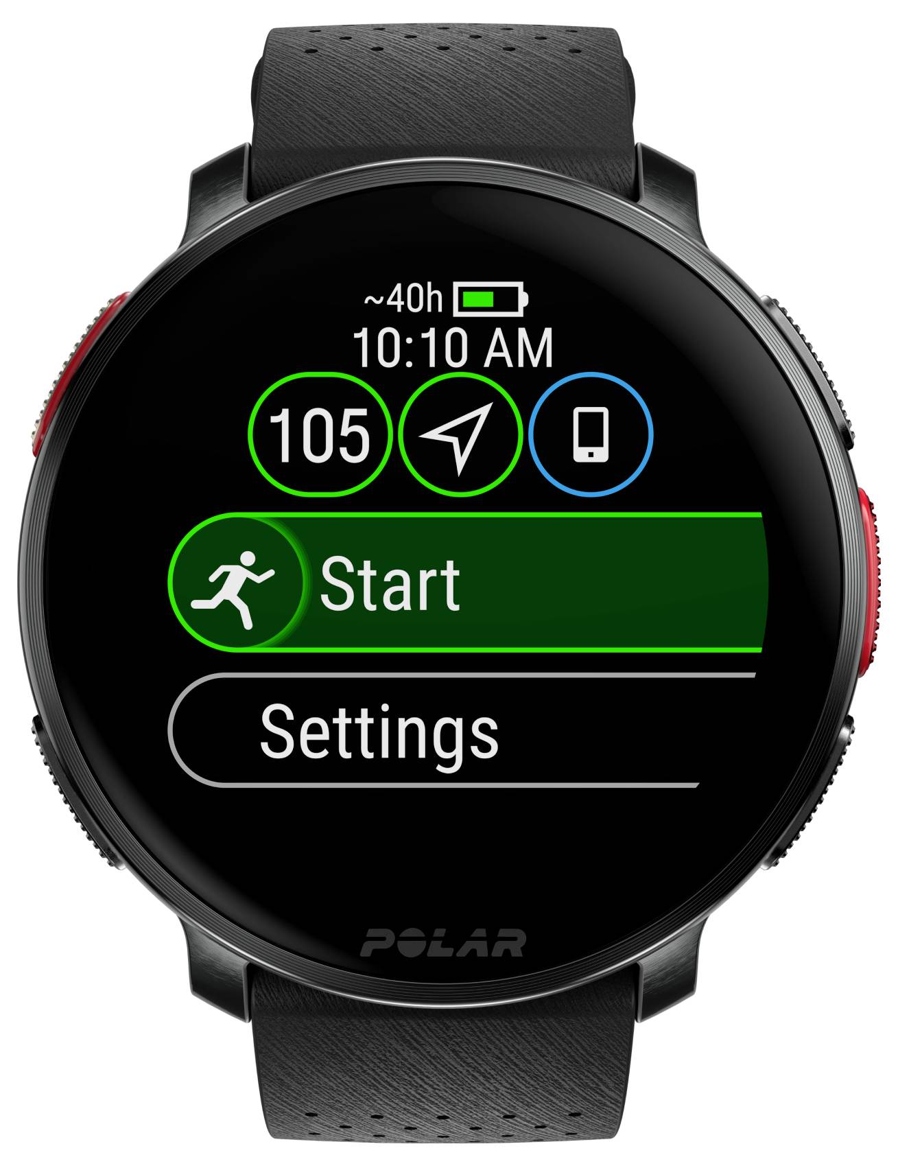 Ein Smartwatch-Display, das Akkulebensdauer (~40h), Zeit (10:10 Uhr), Herzfrequenz (105), GPS sowie Icons für 'Start' und 'Einstellungen' zeigt.