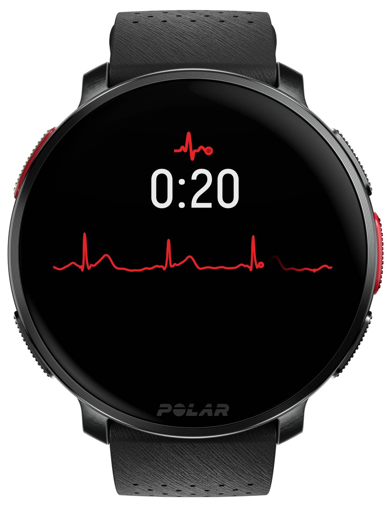 Eine schwarze runde Smartwatch zeigt einen 20-Sekunden-Timer und ein rotes Herzfrequenz-Diagramm, was auf eine Herzfrequenz-Überwachungsfunktion hindeutet.