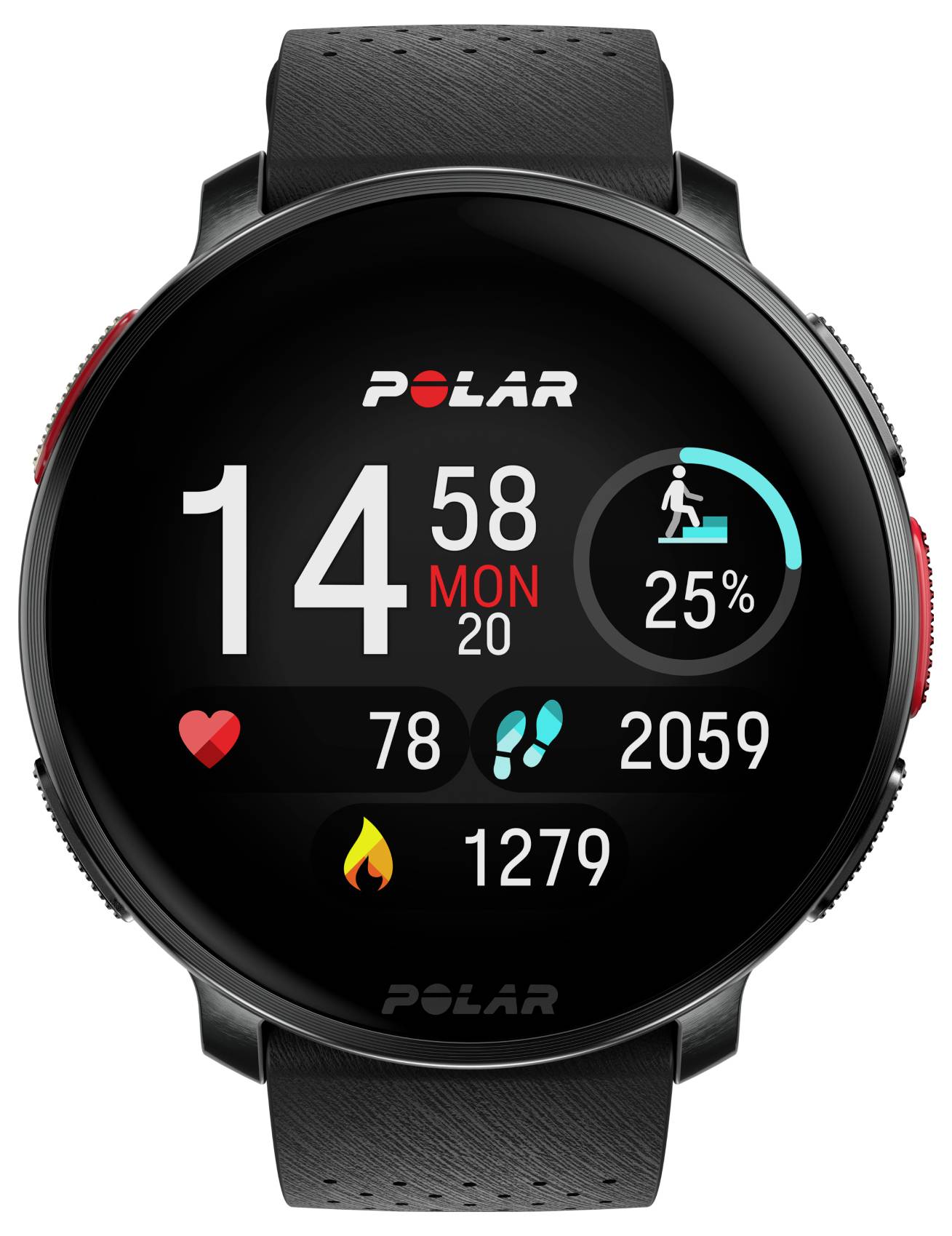 Smartwatch-Anzeige mit Uhrzeit '14:58', Datum 'Mo 20', Herzfrequenz '78', Schritte '2059', verbrannte Kalorien '1279' und Aktivitätsfortschritt '25%'.