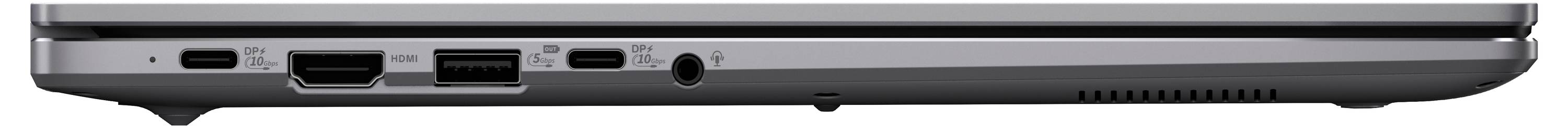 Seitenansicht eines geschlossenen Laptops mit verschiedenen Anschlüssen: HDMI, USB, Ethernet und Kopfhörerbuchse, die Konnektivitätsoptionen veranschaulicht.