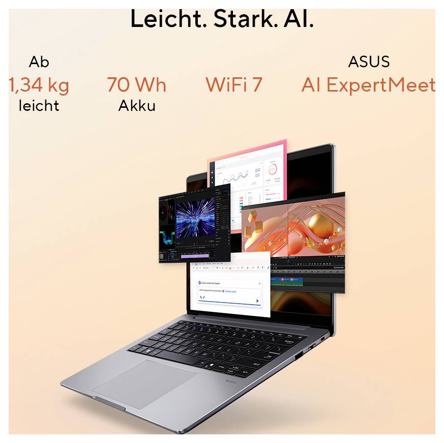 Ein Laptop zeigt verschiedene Softwarefenster. Texthervorhebungen zeigen Funktionen: 'Ab 1,34 kg leicht', '70 Wh Akku', 'WiFi 7', 'ASUS AI ExpertMeet'.