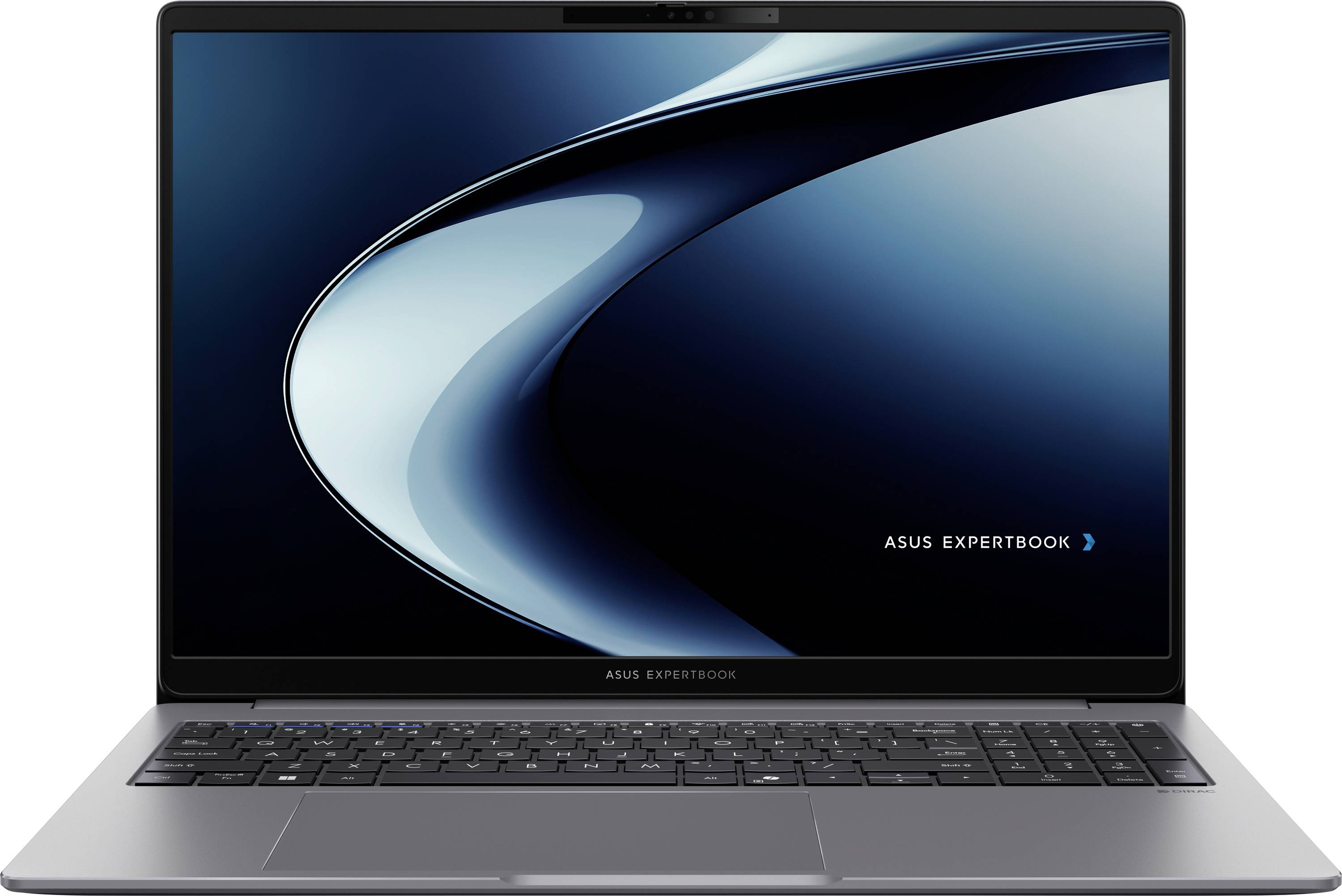 Schlanker Laptop mit einem Bildschirm mit schmaler Blende, der ein blaues abstraktes Design zeigt, mit der Beschriftung 'Asus ExpertBook' in der unteren rechten Ecke.