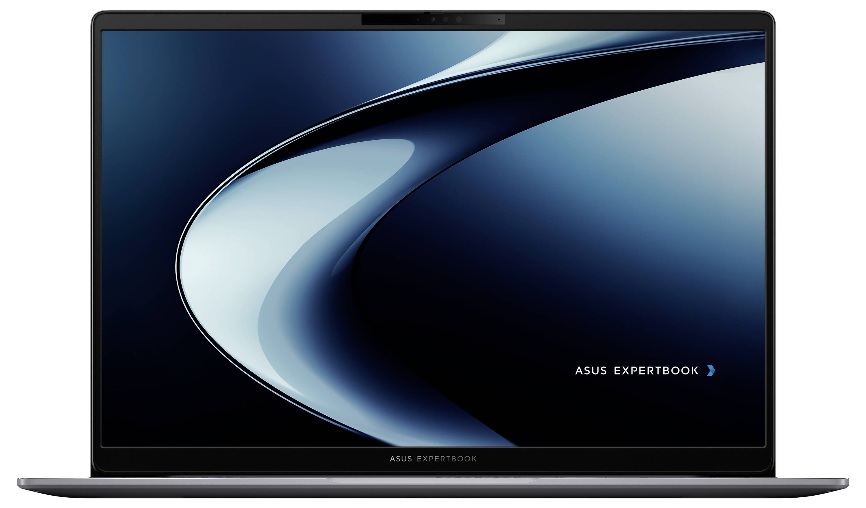 Frontansicht eines Asus ExpertBook Laptops mit elegantem metallischem Finish und geöffnetem Bildschirm, der einen abstrakten blau-schwarzen Hintergrund zeigt.