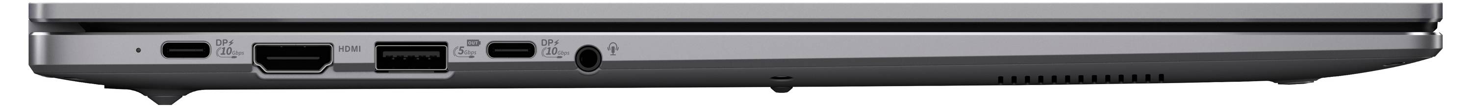 Seitenansicht eines geschlossenen Laptops, der mehrere Anschlüsse wie Ethernet, HDMI, USB und Audioausgang zeigt.