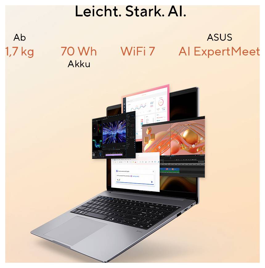 Ein offener Laptop mit mehreren angezeigten Fenstern und Technologiespezifikationen: 'Ab 1,7 kg', '70 Wh Akku', 'WiFi 7', 'ASUS AI ExpertMeet'.