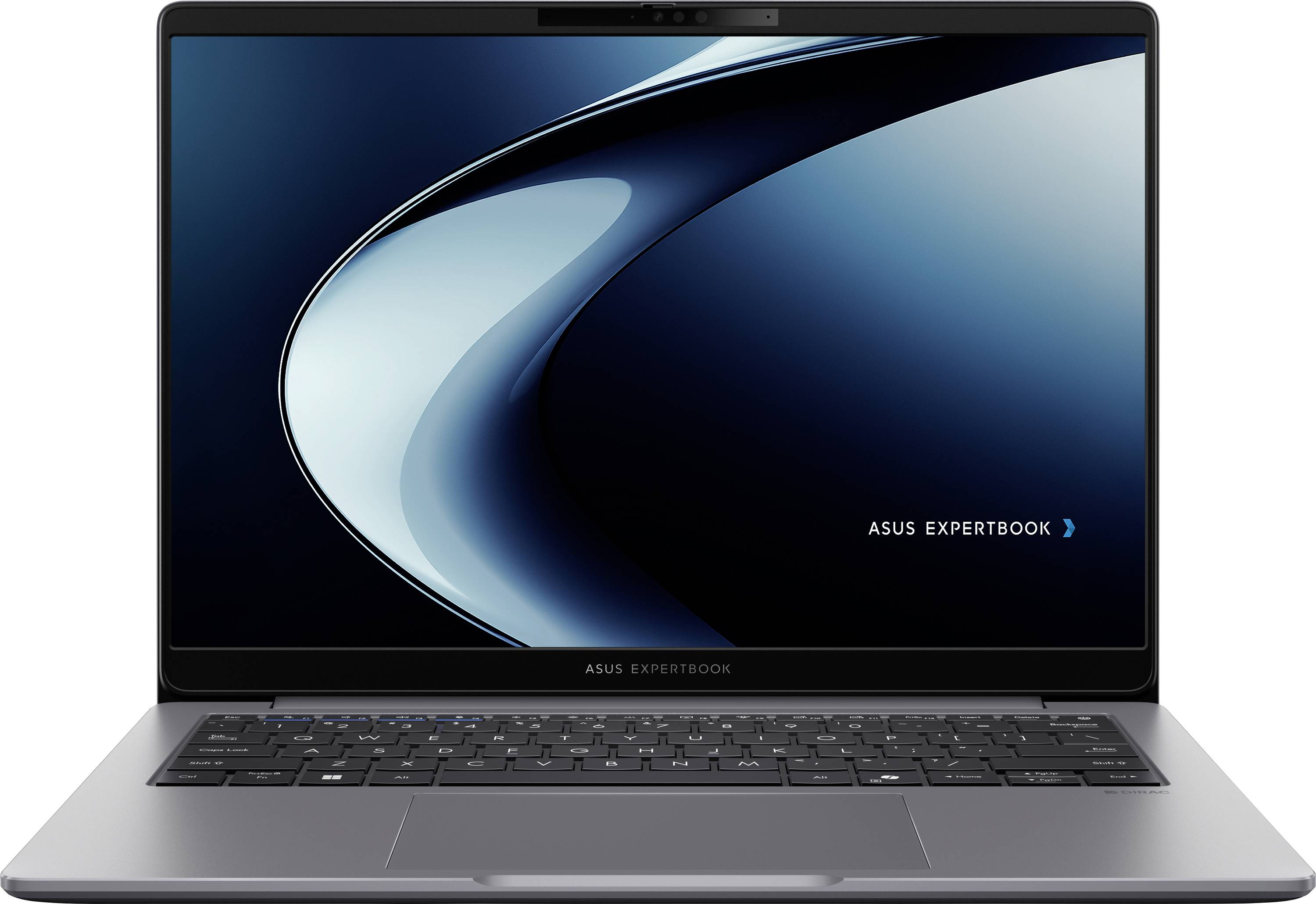 Ein schlanker Laptop mit einem dunklen, minimalistischen Design auf dem Bildschirm, auf dem in der unteren rechten Ecke der Text „ASUS ExpertBook