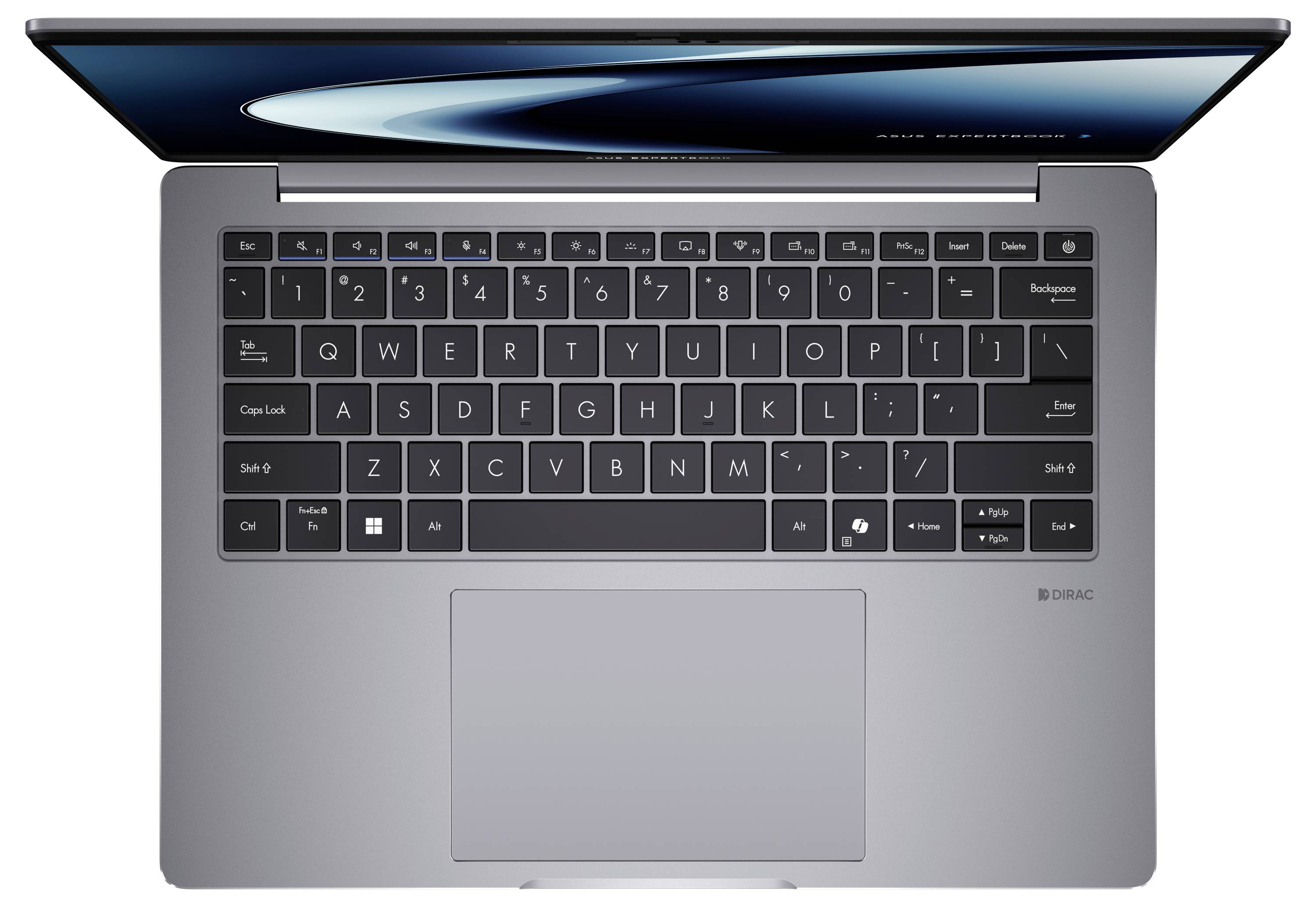 Ein Laptop mit Silber-Finish, von oben gezeigt; die Tastatur verfügt über ein breites Touchpad und schwarze Tasten mit weißen Buchstaben.