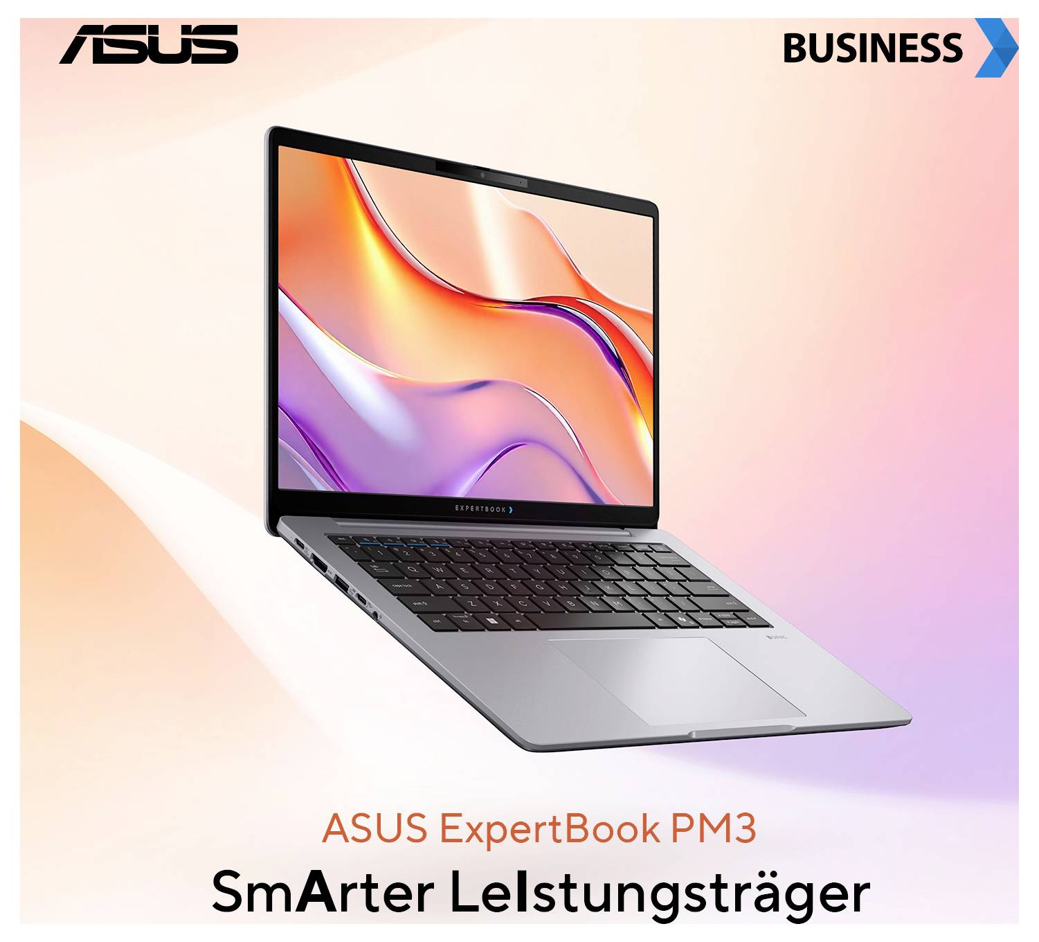 ASUS ExpertBook PM3 Laptop mit elegantem Design auf einem bunten, wirbelnden abstrakten Hintergrund. Text: 'Intelligenter Leistungsträger'.