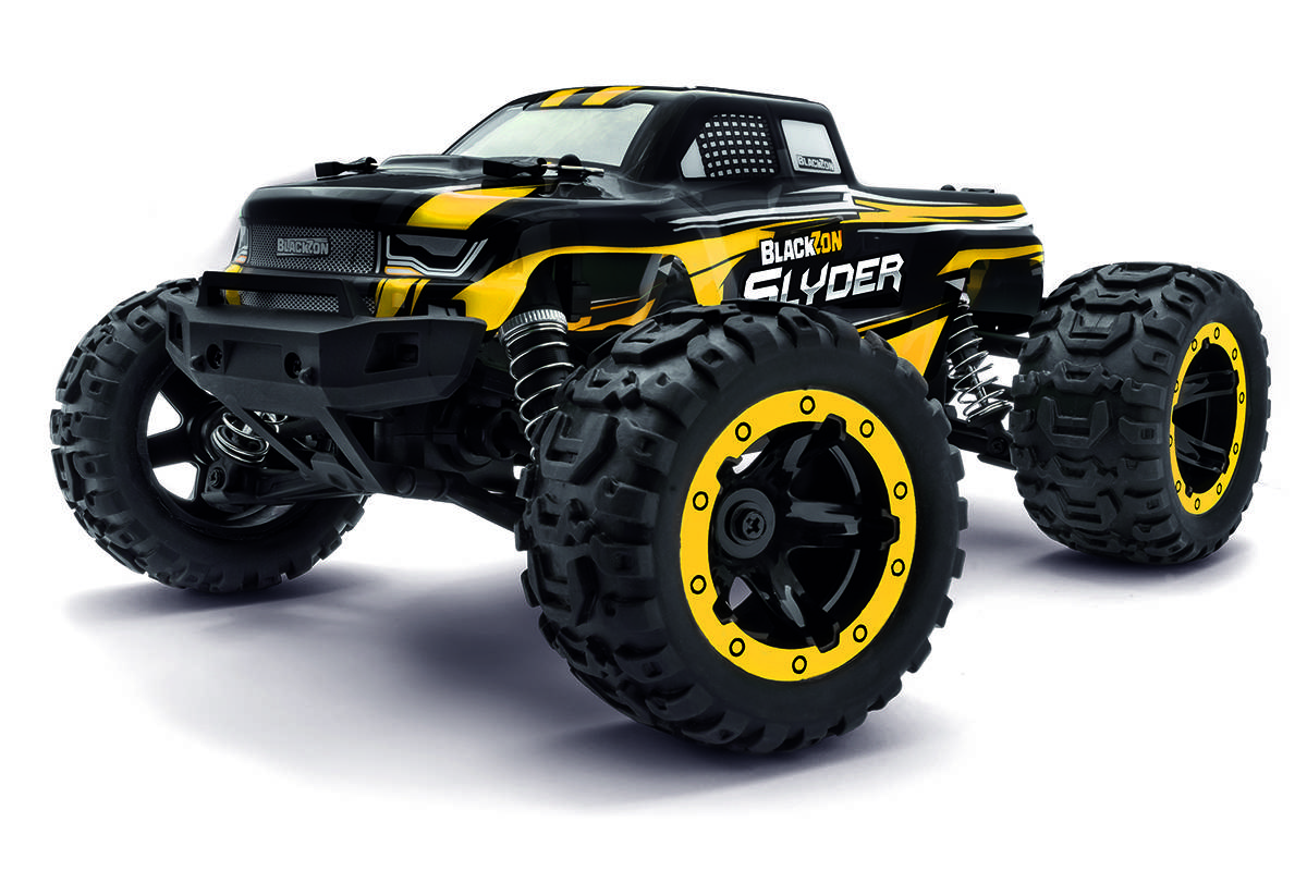 Ein schwarzer und gelber ferngesteuerter Monstertruck mit großen, robusten Rädern und dem Text 'Blackzon SLIDER' an der Seite.