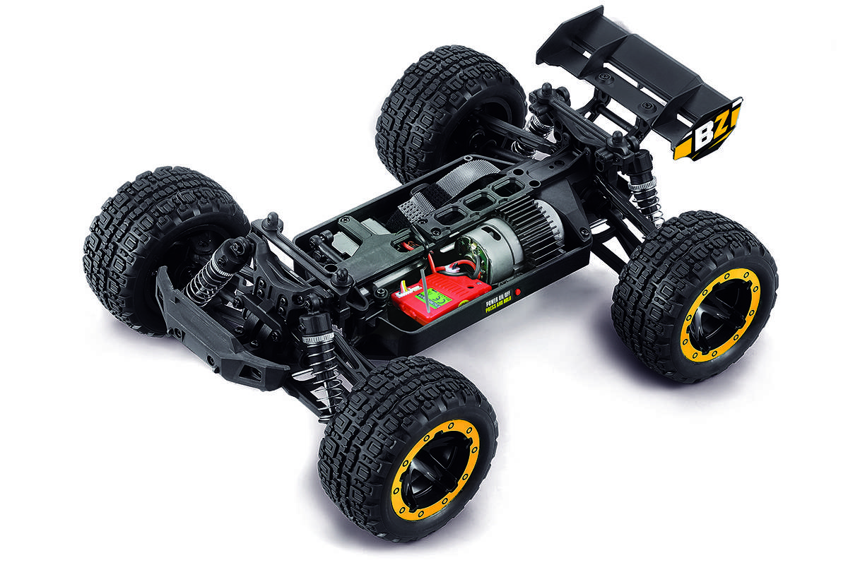 RC-Autofahrgestell mit sichtbarem Motor und Elektronik, robuste Geländereifen und der Beschriftung 'BZ' auf der Rückseite.
