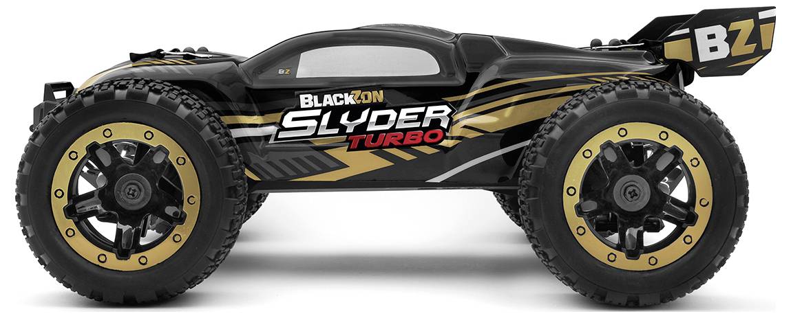 Ferngesteuerte schwarze Rennauto mit Gold- und Rotakzenten, seitlich mit 'BlackZon Slyder Turbo' beschriftet. Große Reifen und sportliches Design.