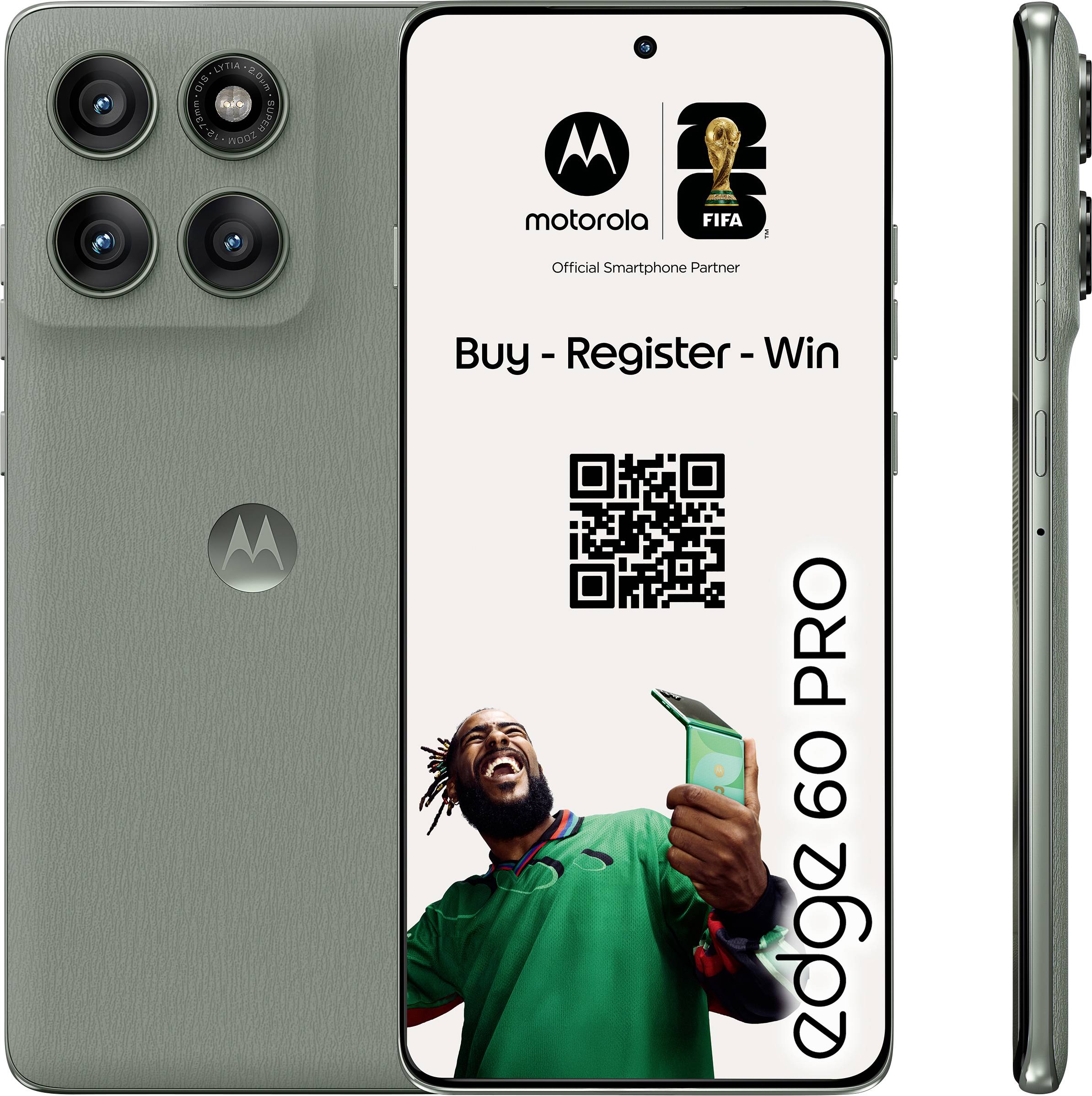 Vorder- und Seitenansicht des Motorola Edge 60 Pro Smartphones in Grau mit dreifacher Rückkamera und schlankem rahmenlosem Design.