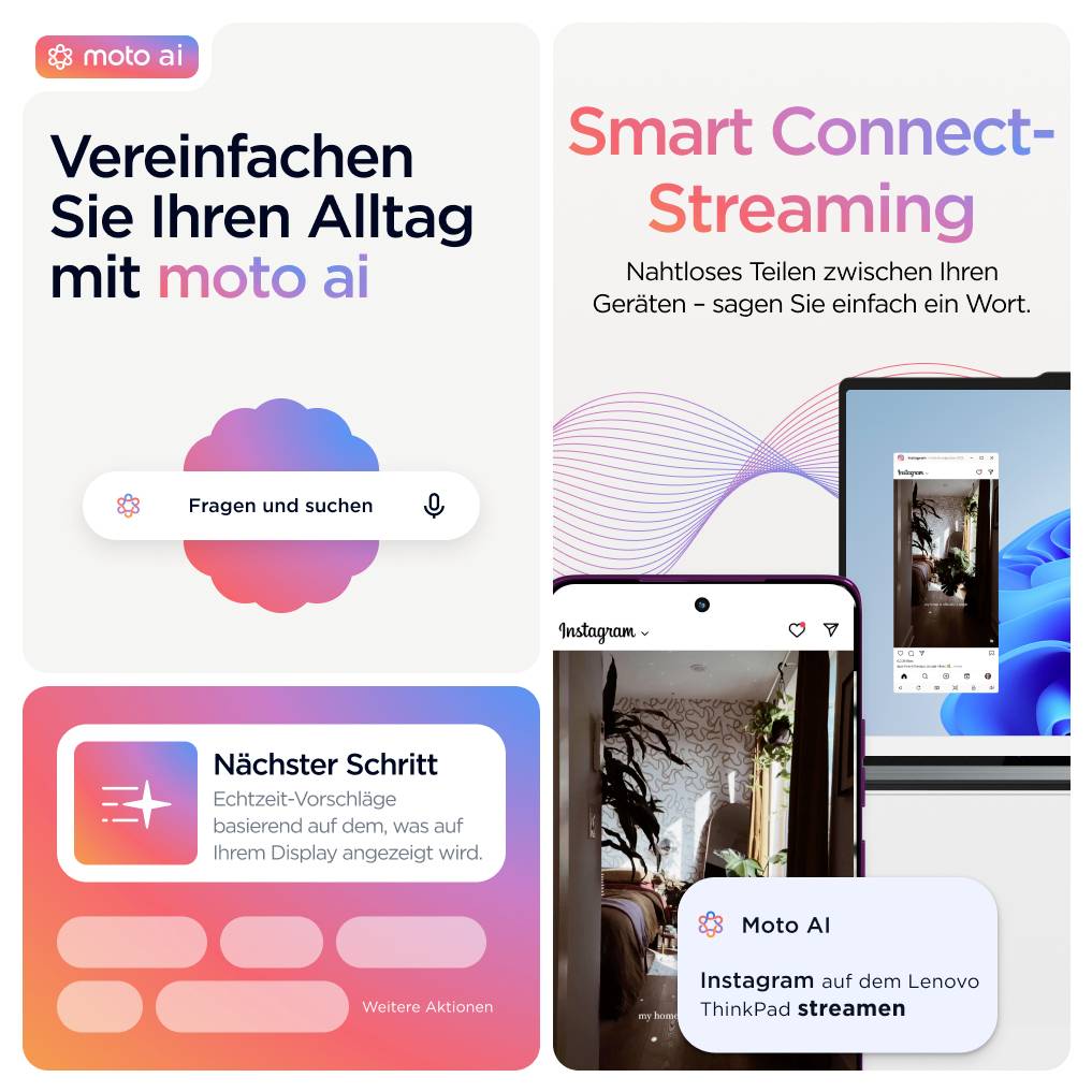 Werbung für moto ai: Vereinfachen Sie Ihren Alltag, Smart Connect-Streaming, Vorschläge und Suchen. Bildschirme und Apps dargestellt.