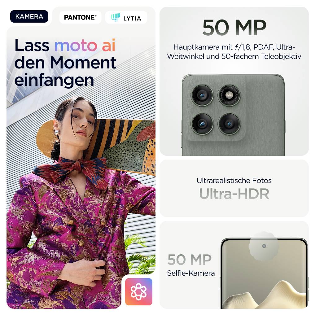 Frau in bunter Kleidung posiert. Werbeplakat für Smartphone mit 50 MP Kamera, Ultra-HDR und Selfie-Kamera.