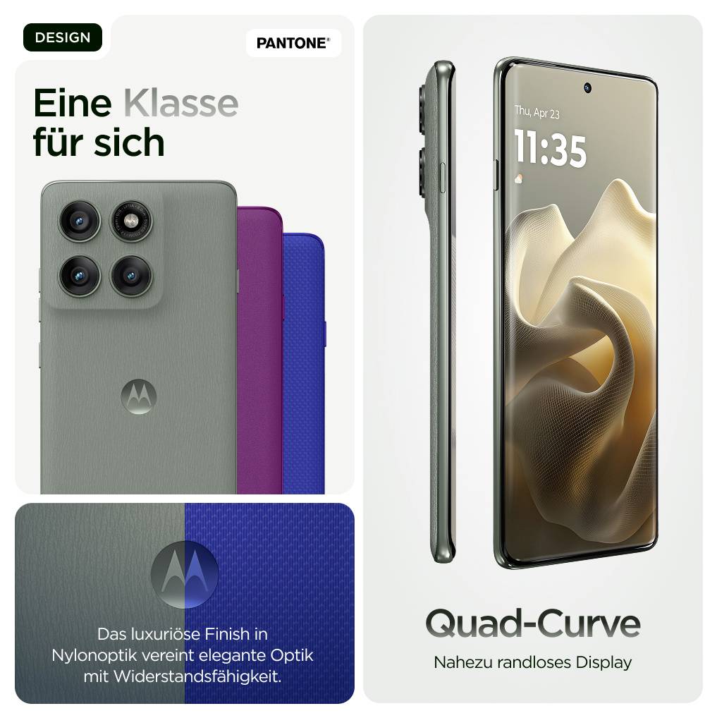 'Motorola-Smartphone mit quadratischem Kameramodul, Quad-Curve Display, Werbebanner: 