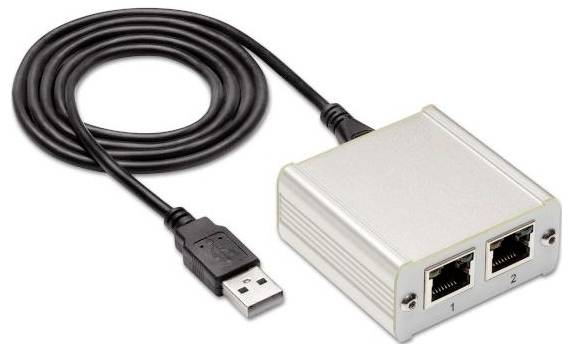 Ein USB-Kabel verbindet sich mit einem kleinen Gerät mit zwei Ethernet-Anschlüssen mit den Bezeichnungen 1 und 2, die für Netzwerkverbindungen oder Datenübertragung verwendet werden.
