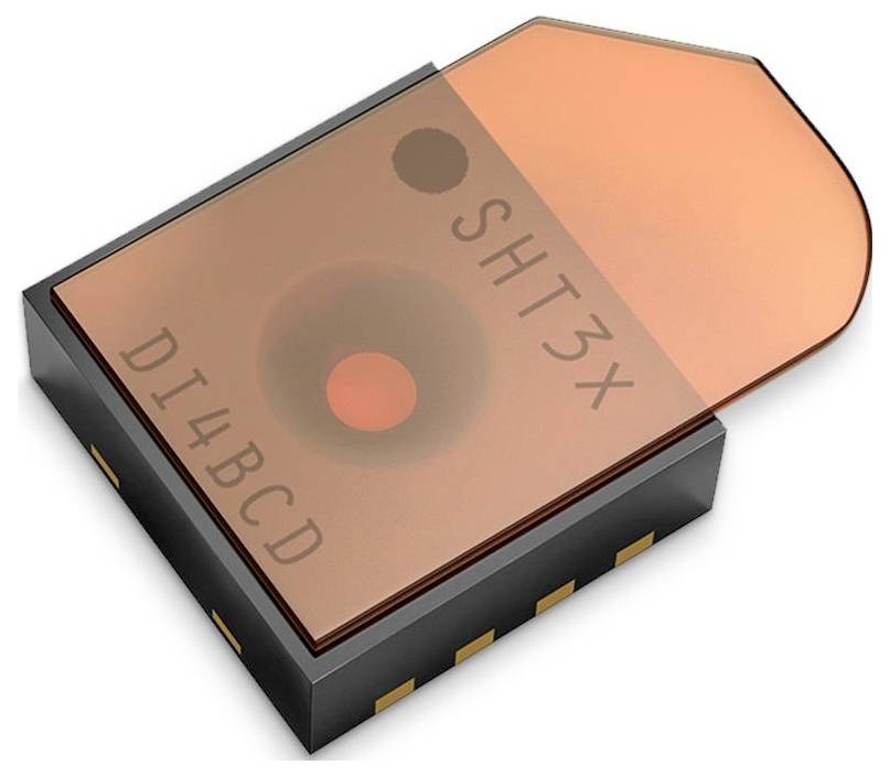 Ein elektronischer Sensor mit einer durchscheinenden orangefarbenen Abdeckung, beschriftet mit 'SHT3X' und 'DI4BCD', der ein bestimmtes Modell oder einen bestimmten Typ anzeigt.