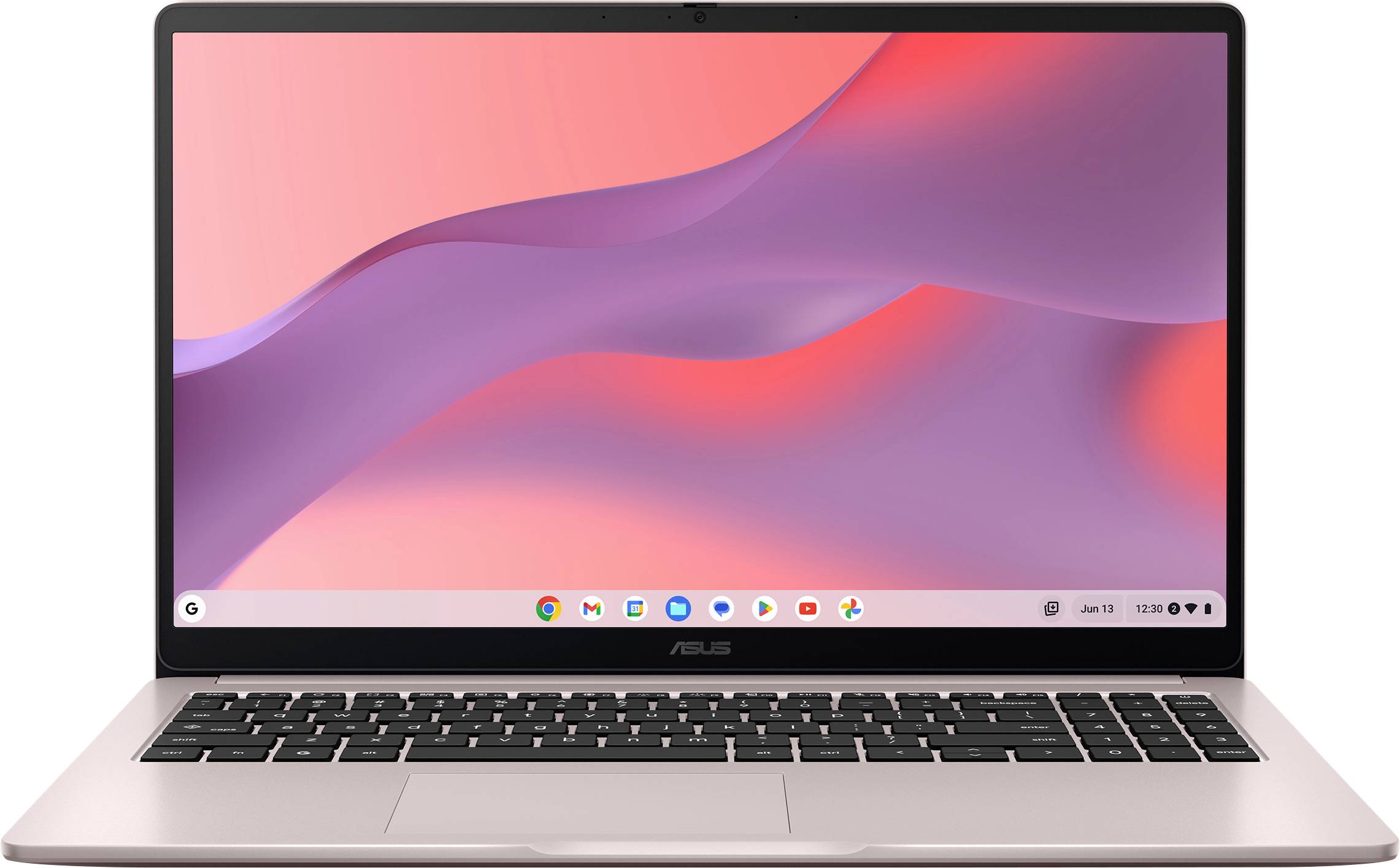 Ein Laptop mit einem Desktop-Bildschirm, der einen rot-violetten Verlaufshintergrund zeigt, mit einer Taskleiste, auf der Chrome, der Dateimanager und andere Symbole zu sehen sind.