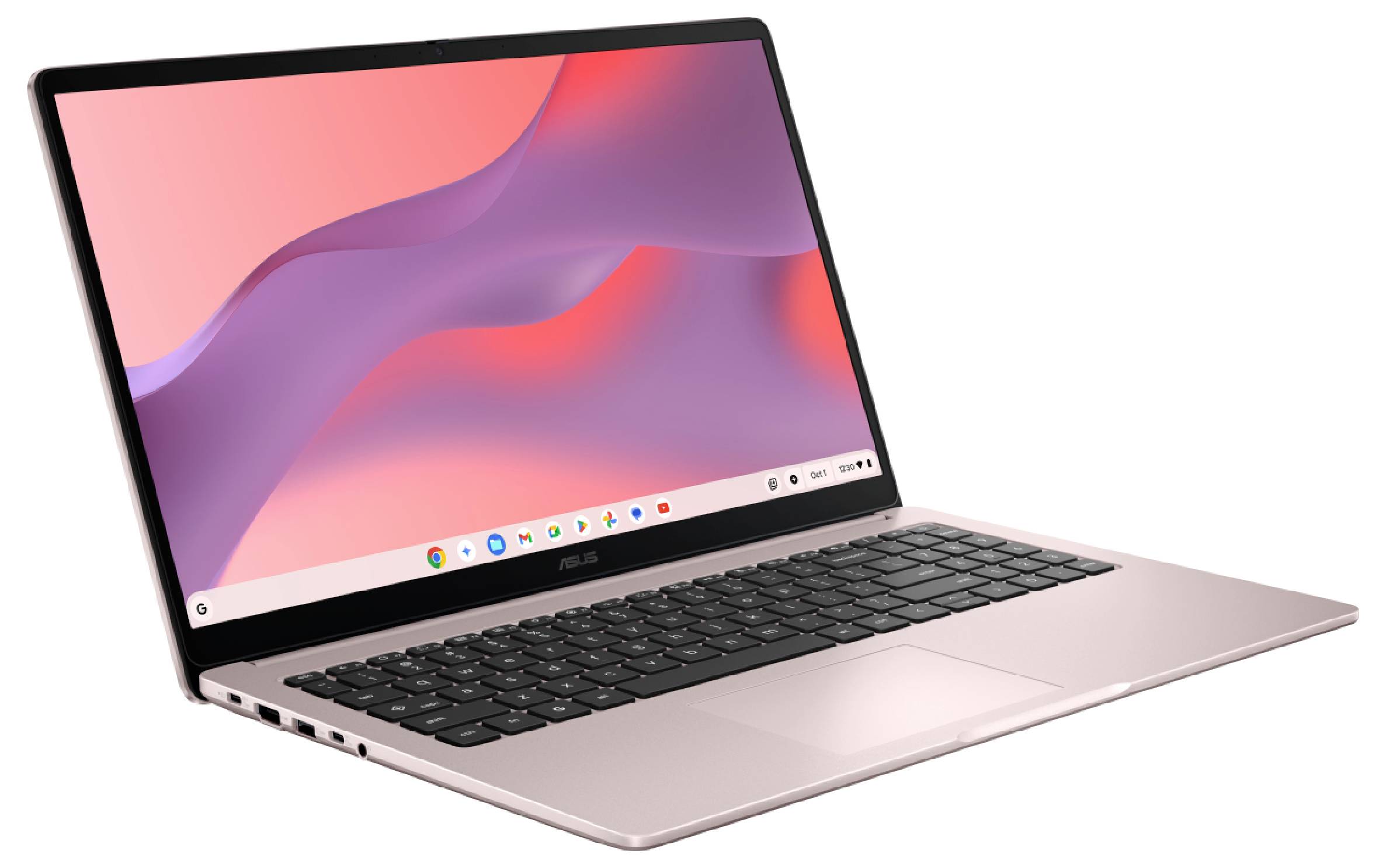 Ein rosa Laptop mit einer schwarzen Tastatur und einem bunten Wellenmuster auf dem Bildschirm, schräg präsentiert mit mehreren Anschlüssen an der Seite.