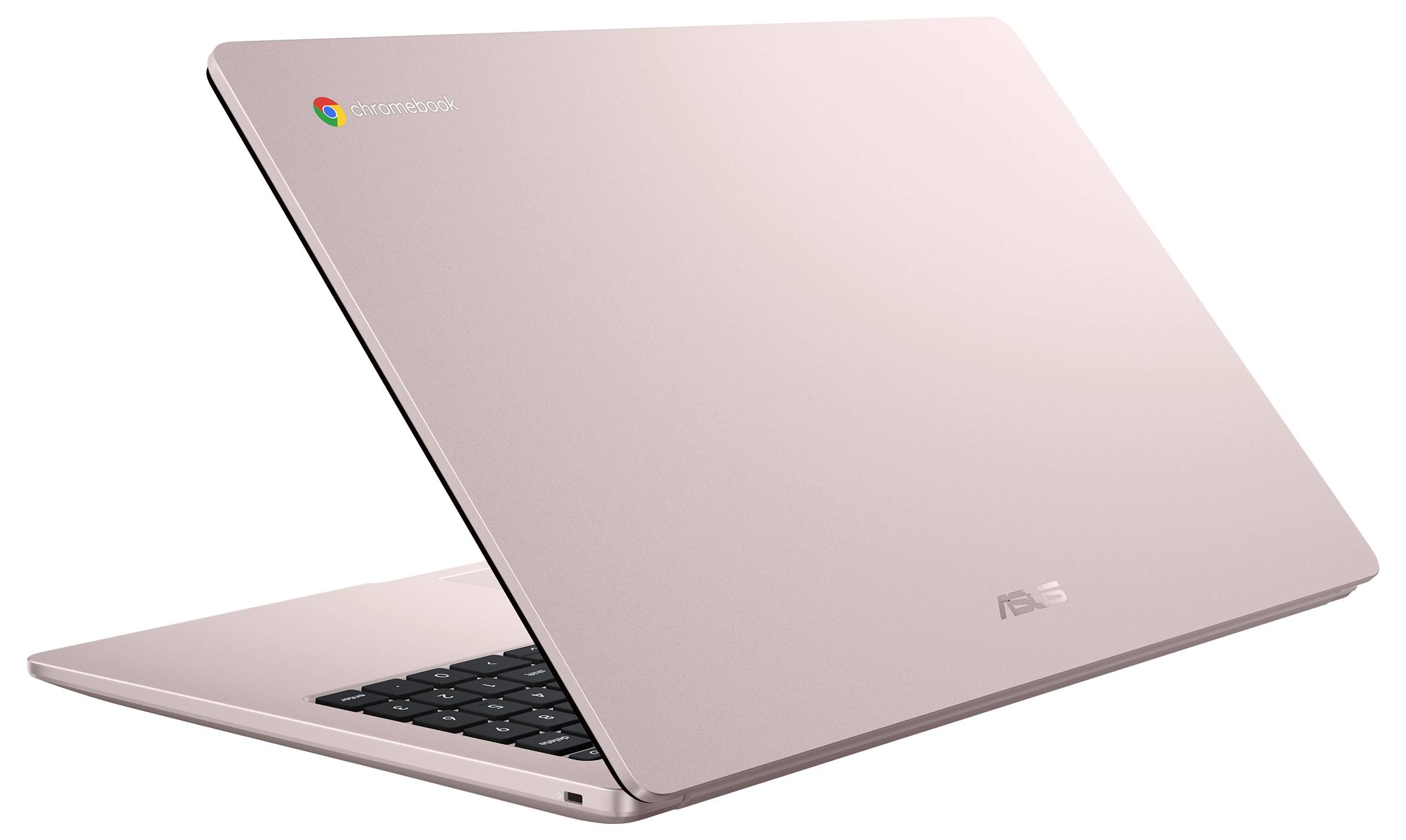 Ein roségoldener Chromebook-Laptop, leicht geöffnet, mit einem minimalistischen Design und einem Asus-Logo auf dem Deckel.