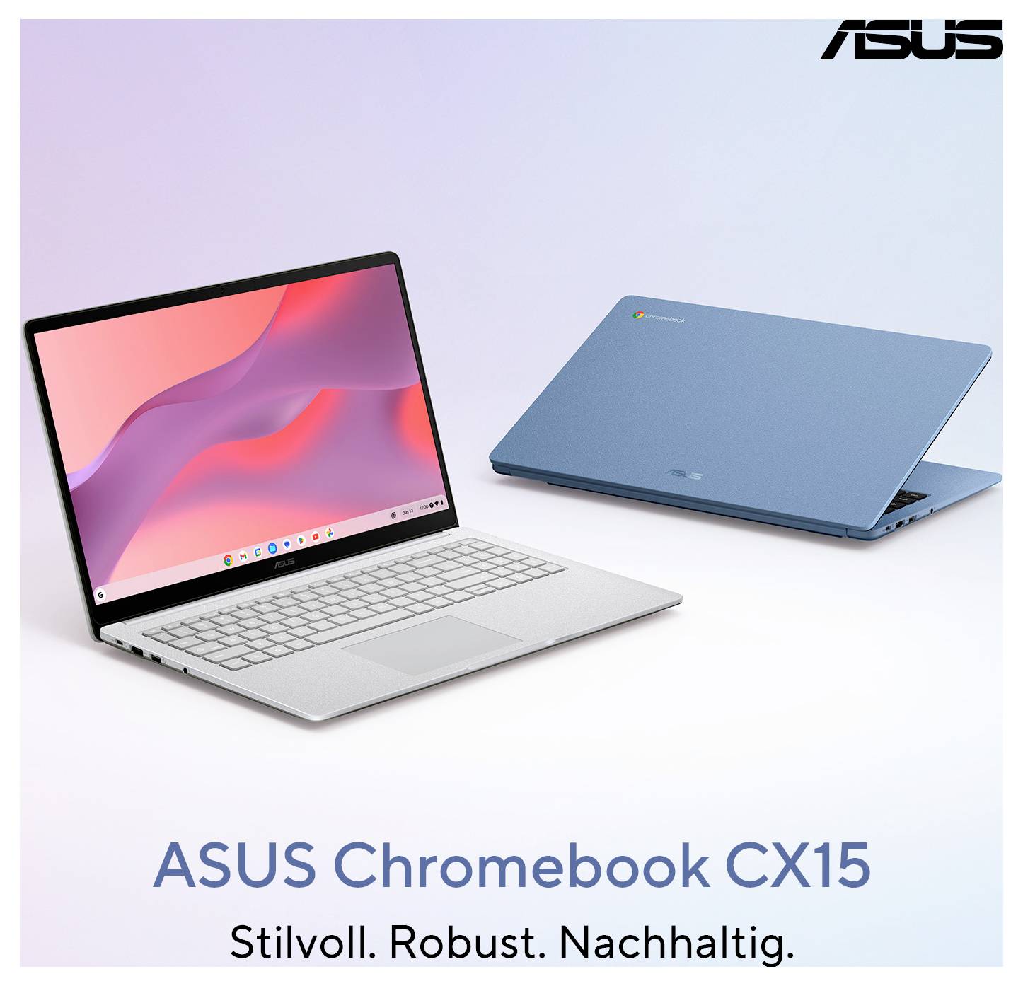 Zwei ASUS Chromebook CX15 Laptops, einer geöffnet mit einem Bildschirm, der ein buntes abstraktes Design zeigt, und einer geschlossen, der eine blaue Außenseite hervorhebt.