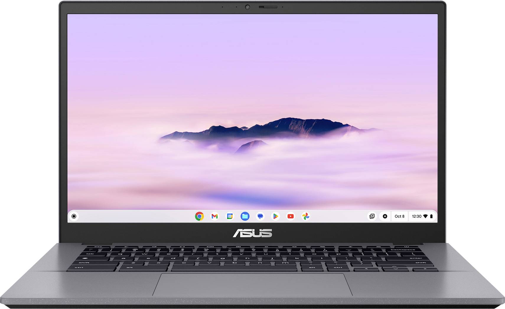 Ein Laptop, der eine ruhige Bergszene auf seinem Bildschirm zeigt, mit Icons, die darauf hindeuten, dass Chrome OS läuft. Das Gerät ist ein ASUS-Modell.