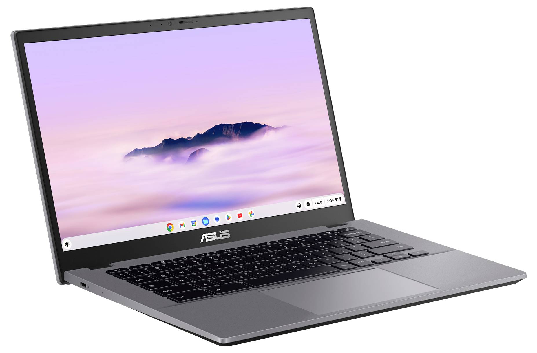 Ein schlankes Laptop, das eine friedliche Berglandschaft auf dem Bildschirm zeigt. Das ASUS-Logo ist unterhalb des Monitors sichtbar, und es liegt auf einer grauen Tastatur.