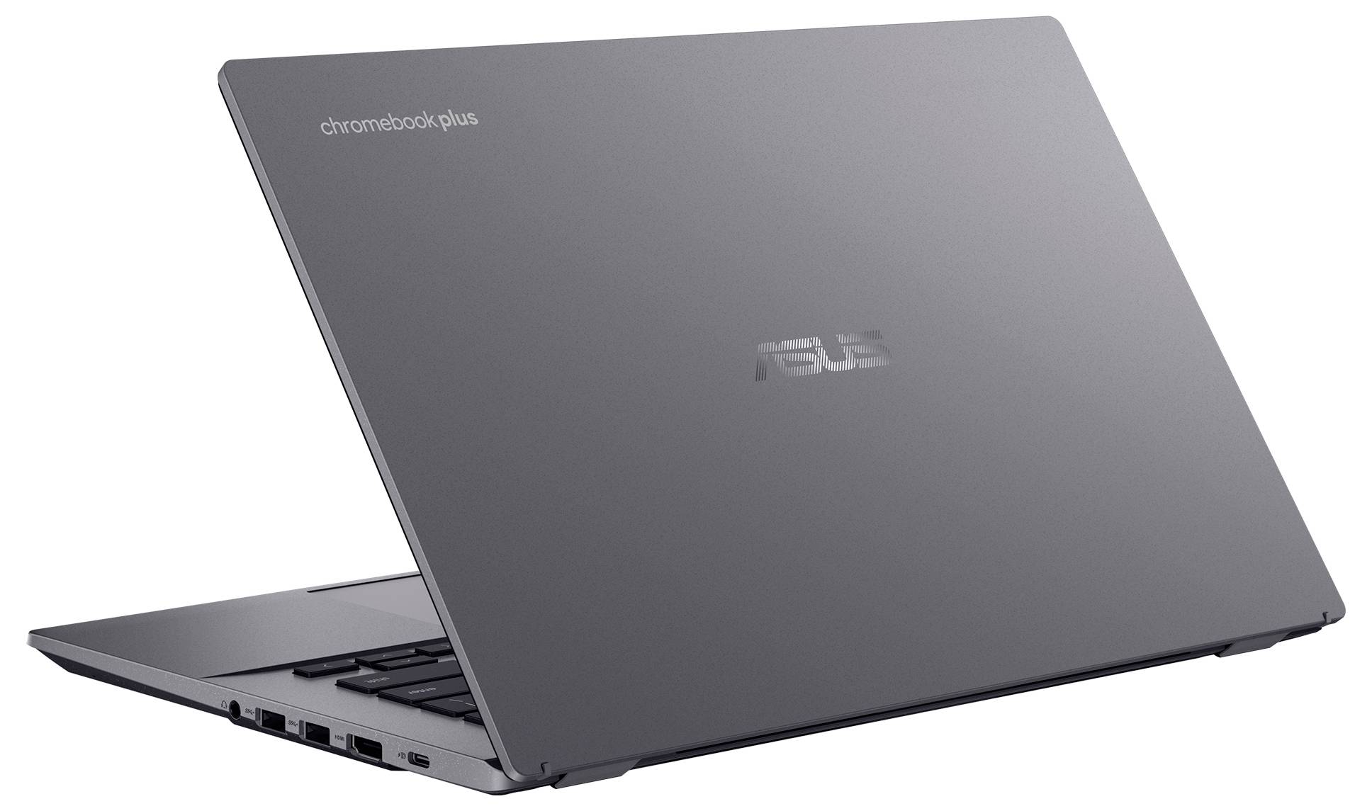 Ein schlankes, offenes Laptop mit sichtbarem grauem Deckel und Tastatur, das mehrere Anschlüsse an der Seite zeigt.