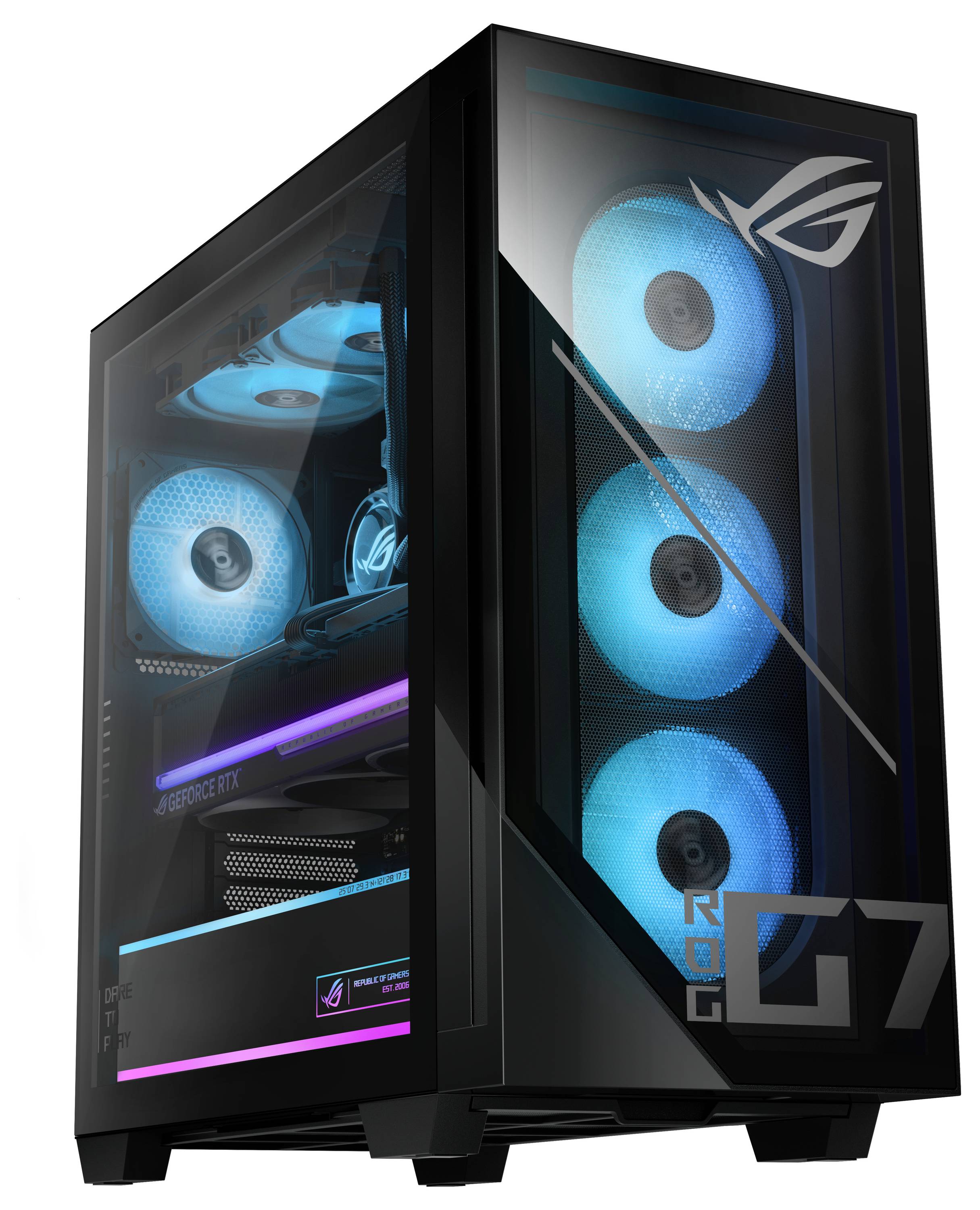 Ein schwarzer Gaming-PC-Tower mit einer transparenten Seitenscheibe, die leuchtend blaue Lüfter und interne Komponenten zeigt.