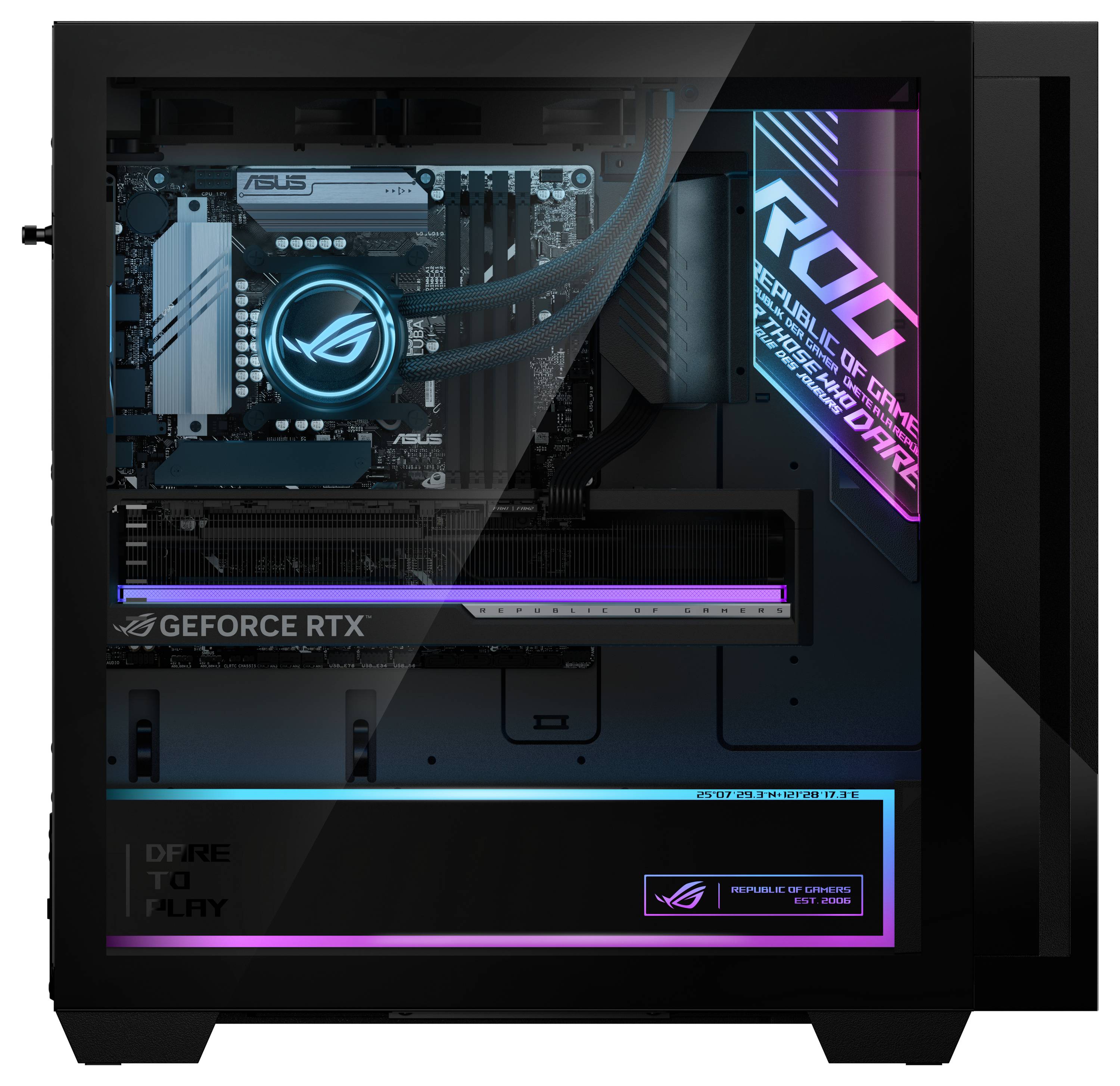 Ein schwarzer Gaming-Computer mit bunter LED-Beleuchtung, der GeForce RTX- und Republic of Gamers-Brandings durch ein transparentes Seitenfenster zeigt.