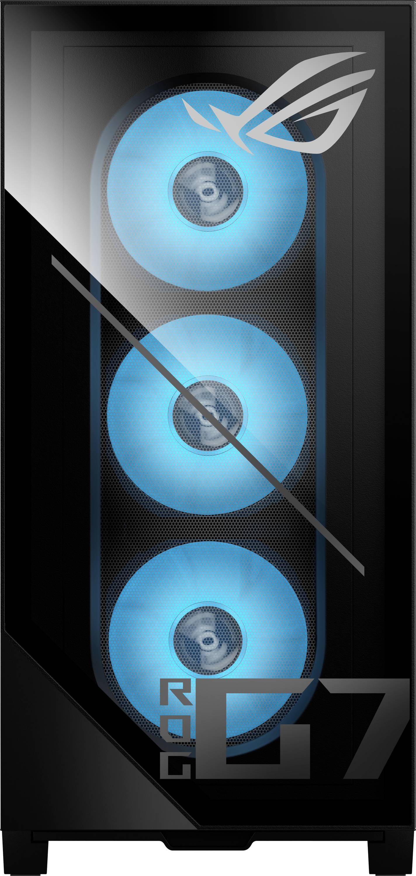 Ein schlankes, schwarzes Computergehäuse mit einer Glasfront, die drei leuchtend blaue Kühlventilatoren zeigt, mit dem ROG-Logo auf der Oberseite.