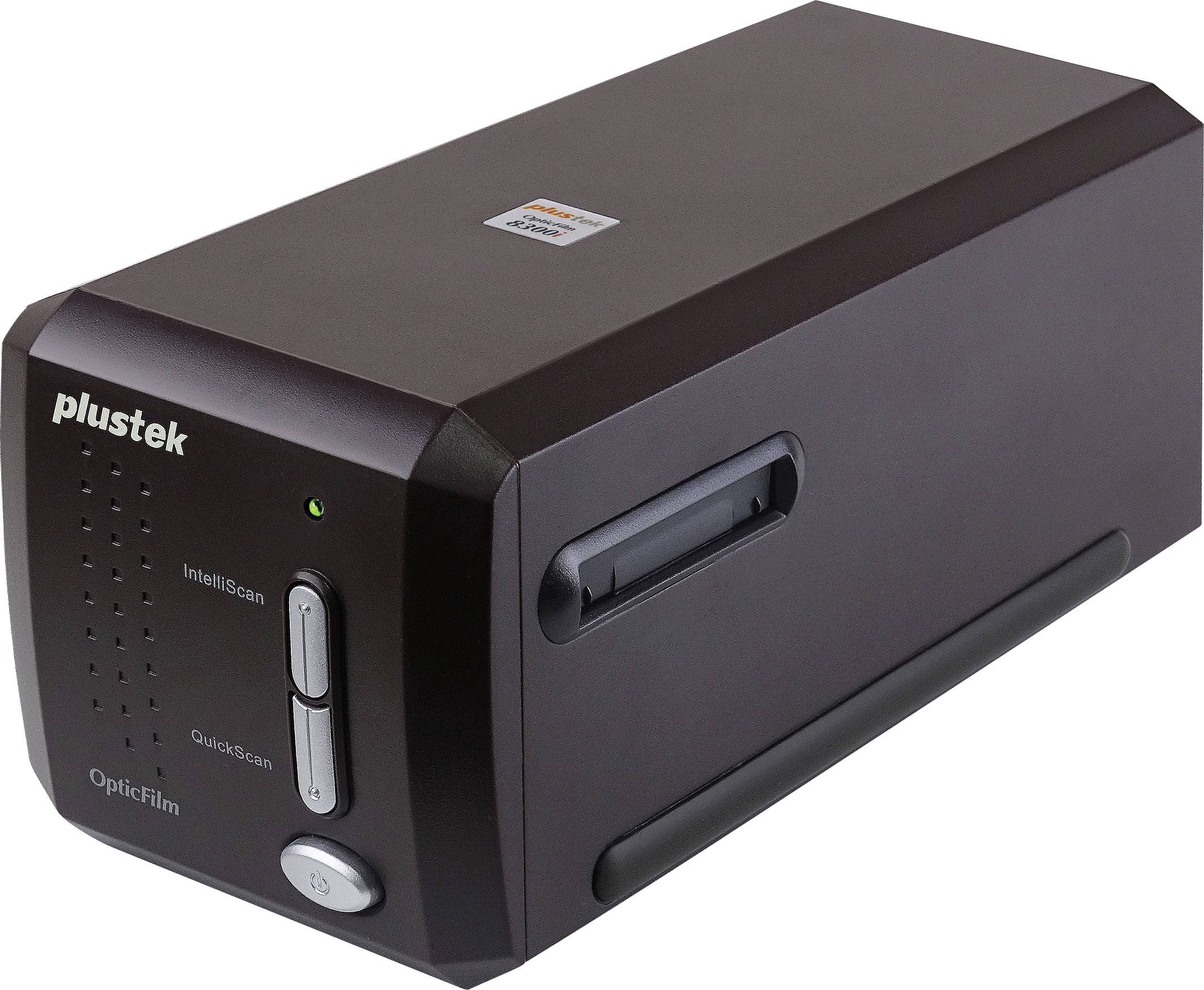 Ein kompaktes Scanner-Gerät mit der Bezeichnung 'Plustek OpticFilm' mit Tasten für 'IntelliScan' und 'QuickScan', das zum Scannen von Filmnegativdias verwendet wird.