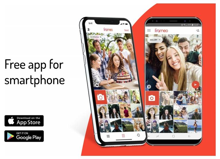 Zwei Smartphones zeigen eine Oberfläche einer Foto-Sharing-App mit einem Gruppen-Selfie auf dem Bildschirm. Der Text lautet „Kostenlose App für Smartphones
