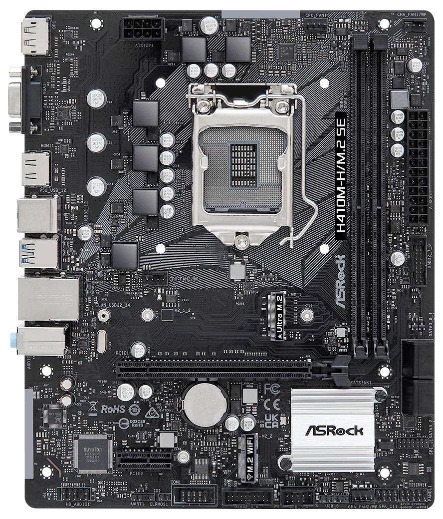 Eine schwarze ASRock H410M-HVS Mainboard mit mehreren Anschlüssen, Steckplätzen und Branding.