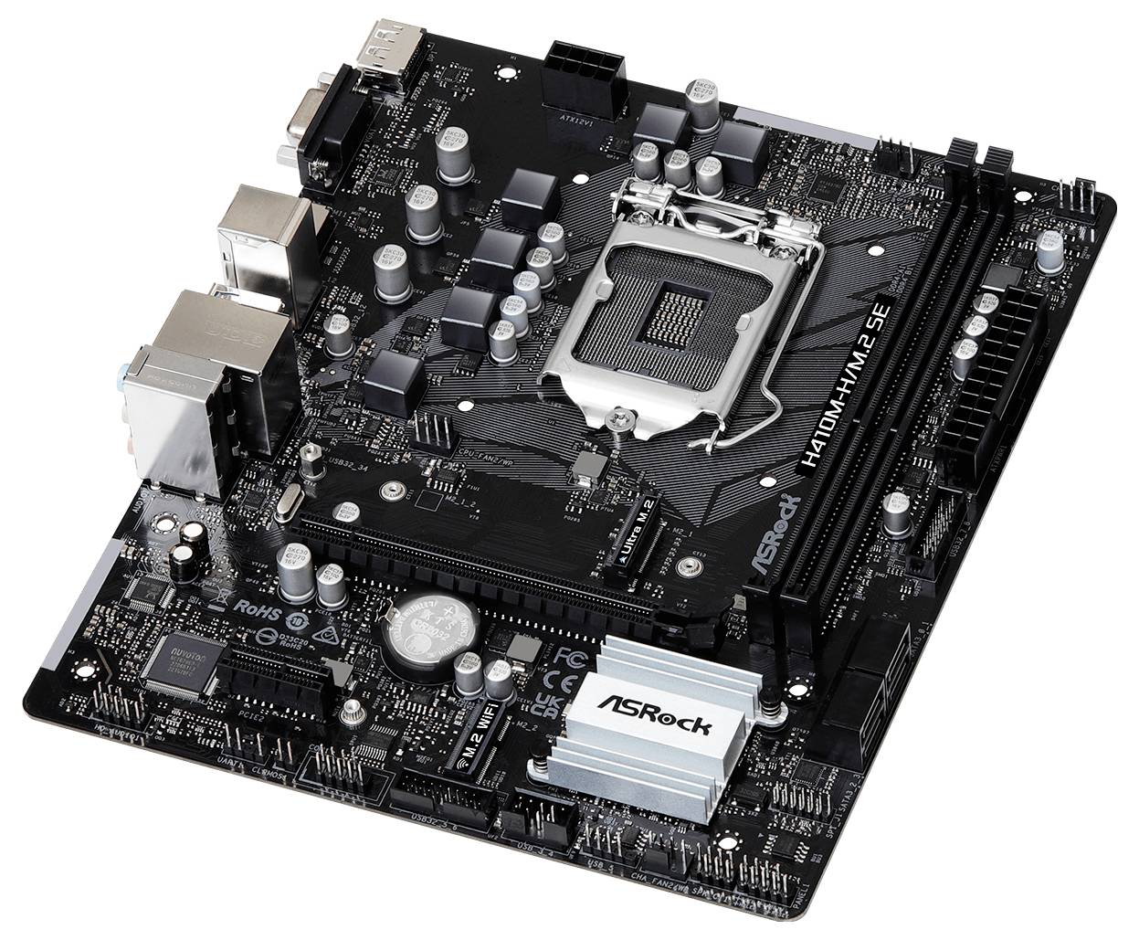 Ein ASRock-Motherboard mit schwarzem Layout umfasst verschiedene Komponenten wie RAM-Steckplätze, einen CPU-Sockel und mehrere Anschlüsse.