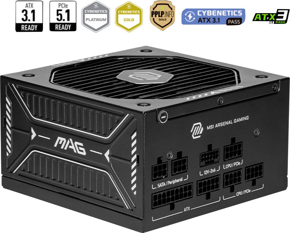 Netzteil mit der Bezeichnung 'MAG MSI Arsenal Gaming' mit mehreren Anschlüssen. Es unterstützt ATX 3.1, PCIe 5.1 und verschiedene Cybenetics-Zertifizierungen.