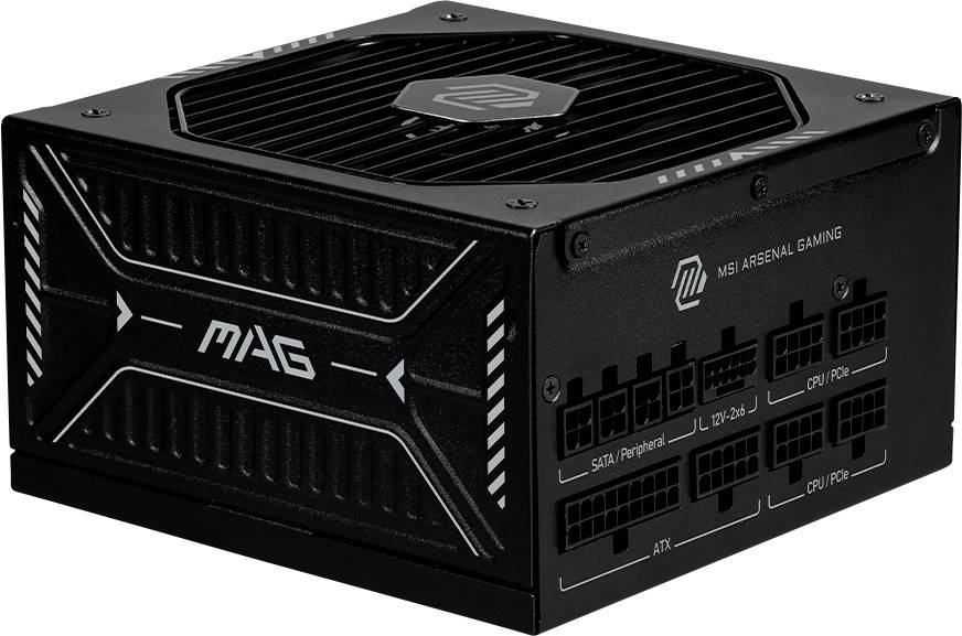 Eine schwarze MSI MAG Netzteileinheit, beschriftet mit 'MSI Arsenal Gaming', mit verschiedenen Anschlussports für SATA, Peripheriegeräte und CPU.