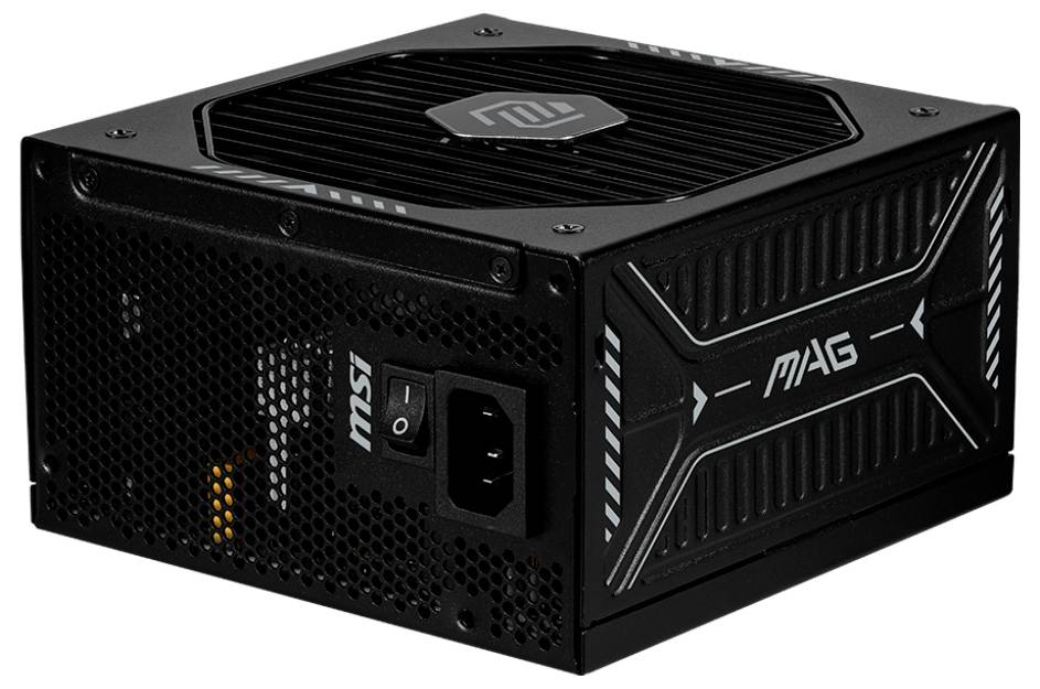 Eine schwarze MSI Netzteileinheit mit einem Lüfter oben und mehreren Anschlüssen an der Seite, die zur Stromversorgung eines Computersystems verwendet wird.