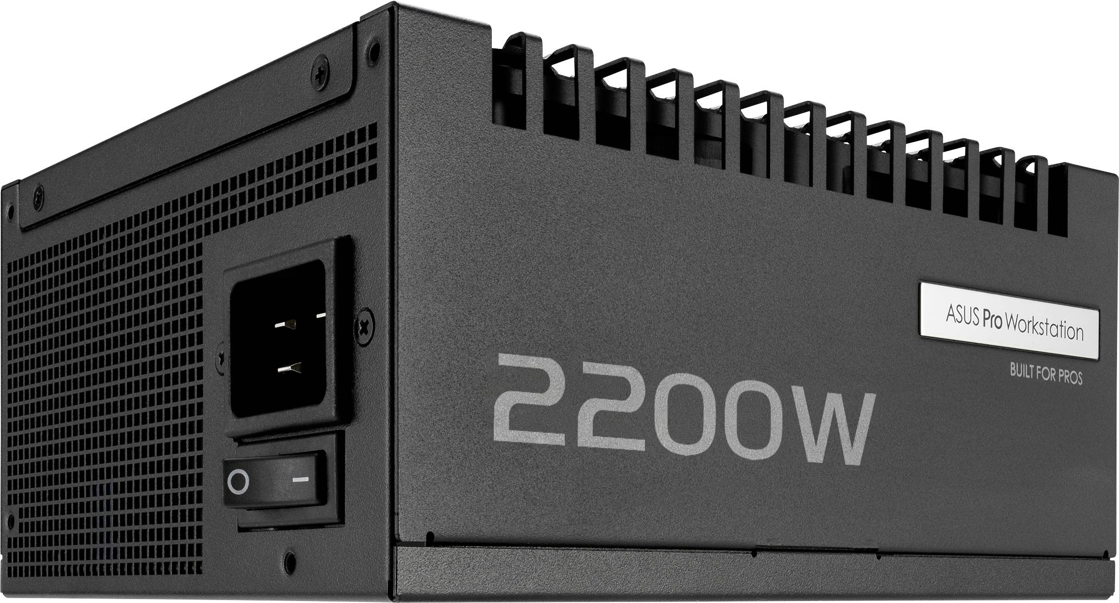 ASUS Pro Workstation Netzteil 2200WDas Bild zeigt ein schwarzes Netzteil mit einer Kühlrippe und einem Ein/Aus-Schalter.