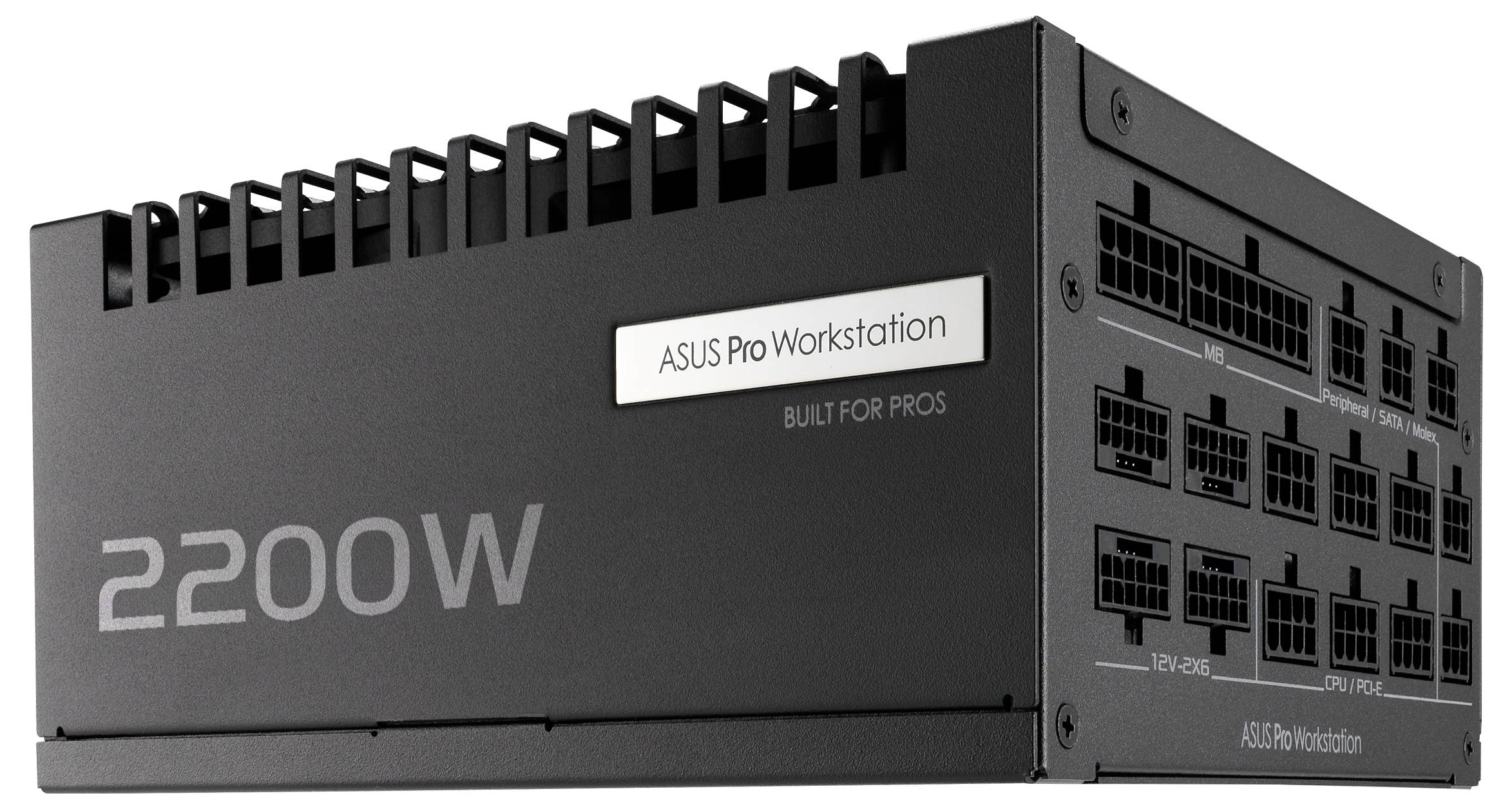 ASUS Pro Workstation Netzteil mit 2200W, mehreren Anschlussports und der Aufschrift ‚BUILT FOR PROS' auf der Seite.