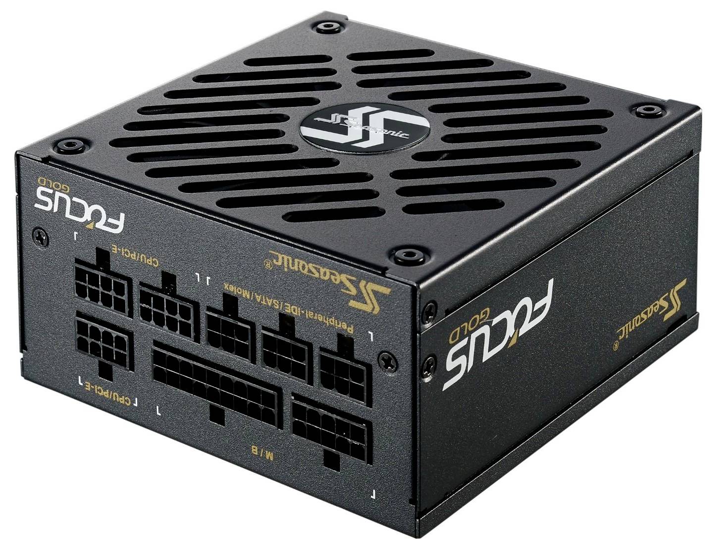 Ein Seasonic Focus Gold Netzteil mit mehreren modularen Kabelanschlüssen und einer belüfteten Oberseite zur Kühlung.