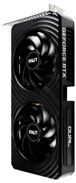 Eine schwarze Palit GeForce RTX Grafikkarte mit zwei Lüftern, entwickelt für High-Performance-Gaming und Rendering-Anwendungen.