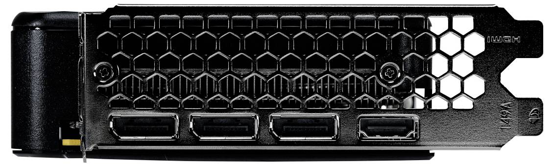 Eine Grafikkarte von hinten mit vier HDMI-Anschlüssen und einem sechseckigen Lüftungsgitter, das zum Anschließen von Displays an einen Computer verwendet wird.