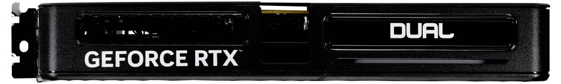 Eine 'GEFORCE RTX' Grafikkarte mit 'DUAL' Branding an ihrer Seite, die ihr Design und Modell präsentiert.