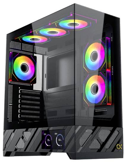 Ein schlanker Computertower mit Glasscheiben, der bunte LED-Kühlventilatoren im Inneren zeigt und dadurch ein lebendiges, modernes Erscheinungsbild erzeugt.