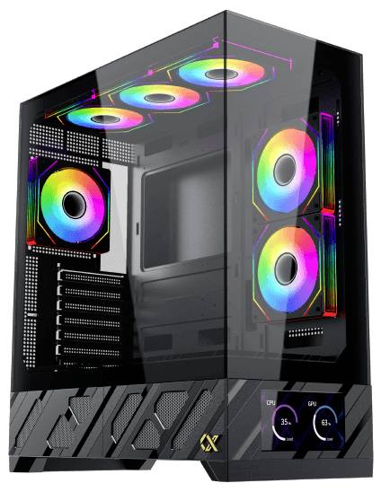 Ein schwarzes Computer-Tower-Gehäuse mit Glasscheiben, das bunte RGB-Beleuchtung auf den Lüftern präsentiert, ist seitlich positioniert mit Steuerungsdisplays.