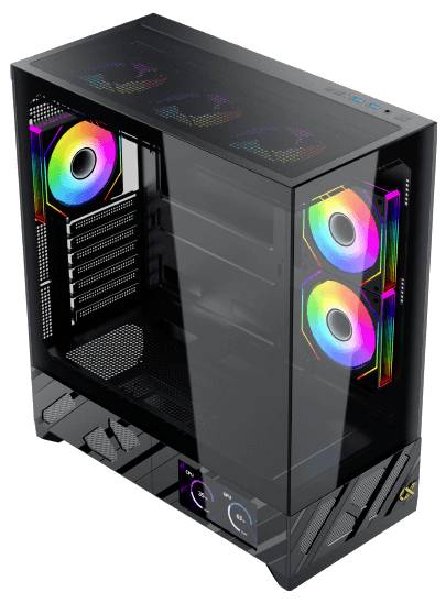 Ein schwarzes Computer-Tower-Gehäuse mit gehärteten Glasscheiben, ausgestattet mit RGB-beleuchteten Lüftern und hervorgehobenen Frontbedienungselementen.